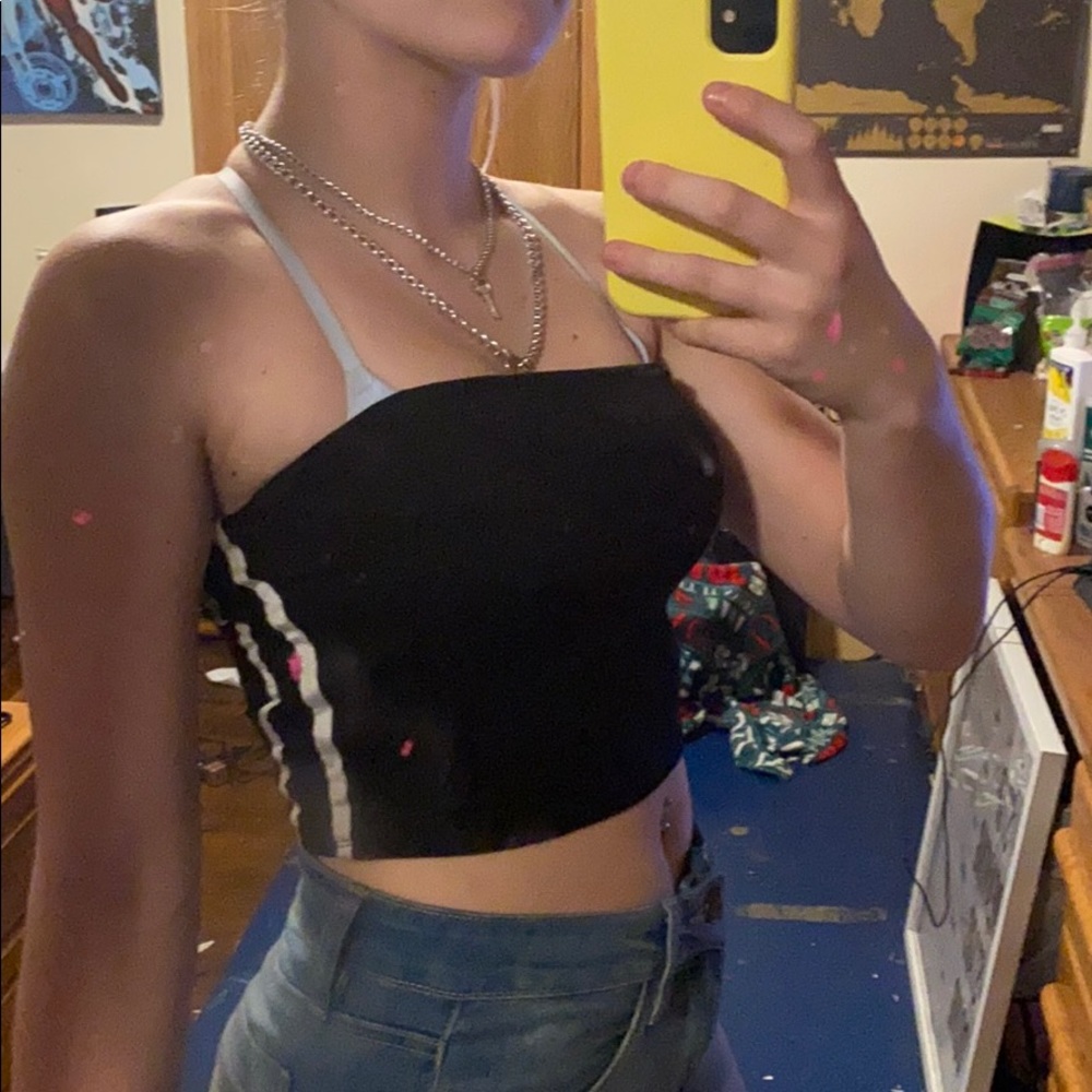 Black tube top with white stripes